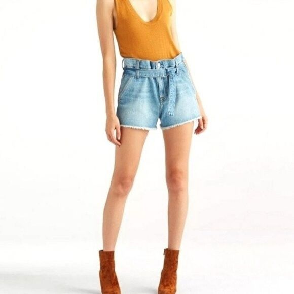 7 For All Mankind Half-Belted Denim Paperbag Shorts Size 30 - Picture 1 of 7